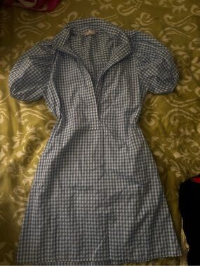 Blue Gingham Puff-Sleeve Women's Dress